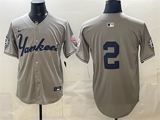 Men's New York Yankees #2 Derek Jeter Grey With Patch Limited Stitched Baseball Jersey